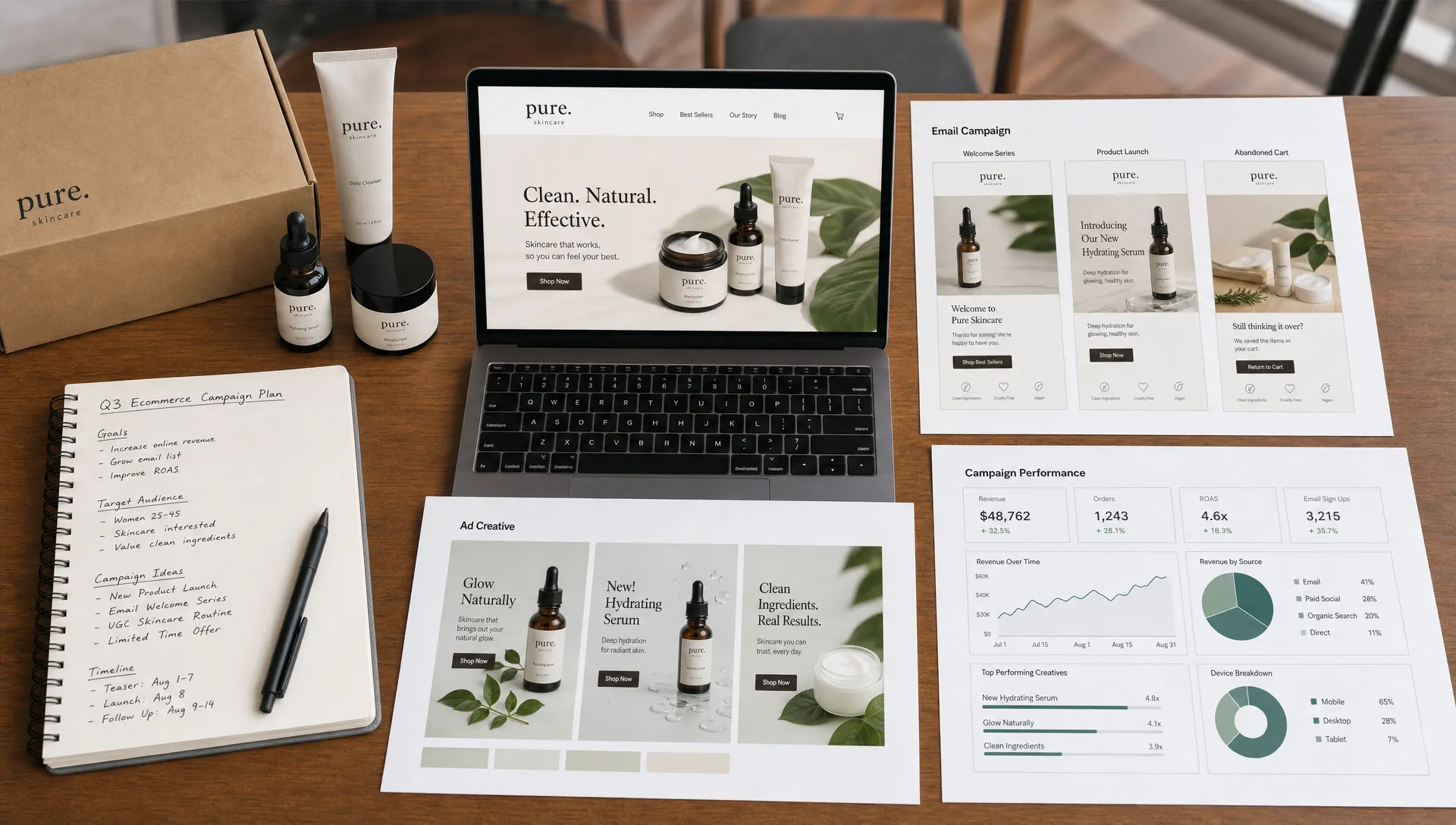 A lean ecommerce marketing planning table with product samples, campaign notes, email mockups, ad creative drafts, and analytics printouts arranged together to show a streamlined marketing workflow.