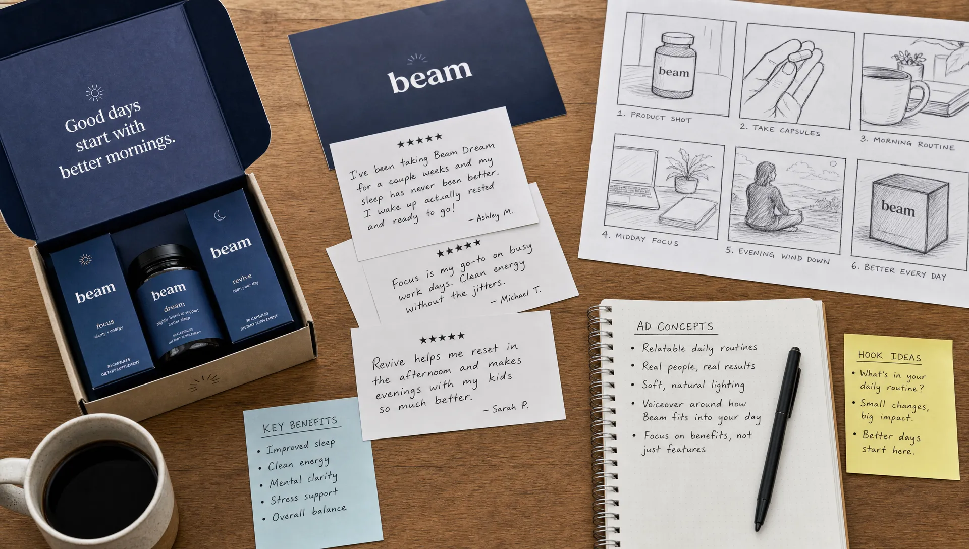 A tabletop scene showing DTC product packaging, handwritten customer review cards, small storyboard frames, and notes arranged as a creative workspace for new ad concepts.