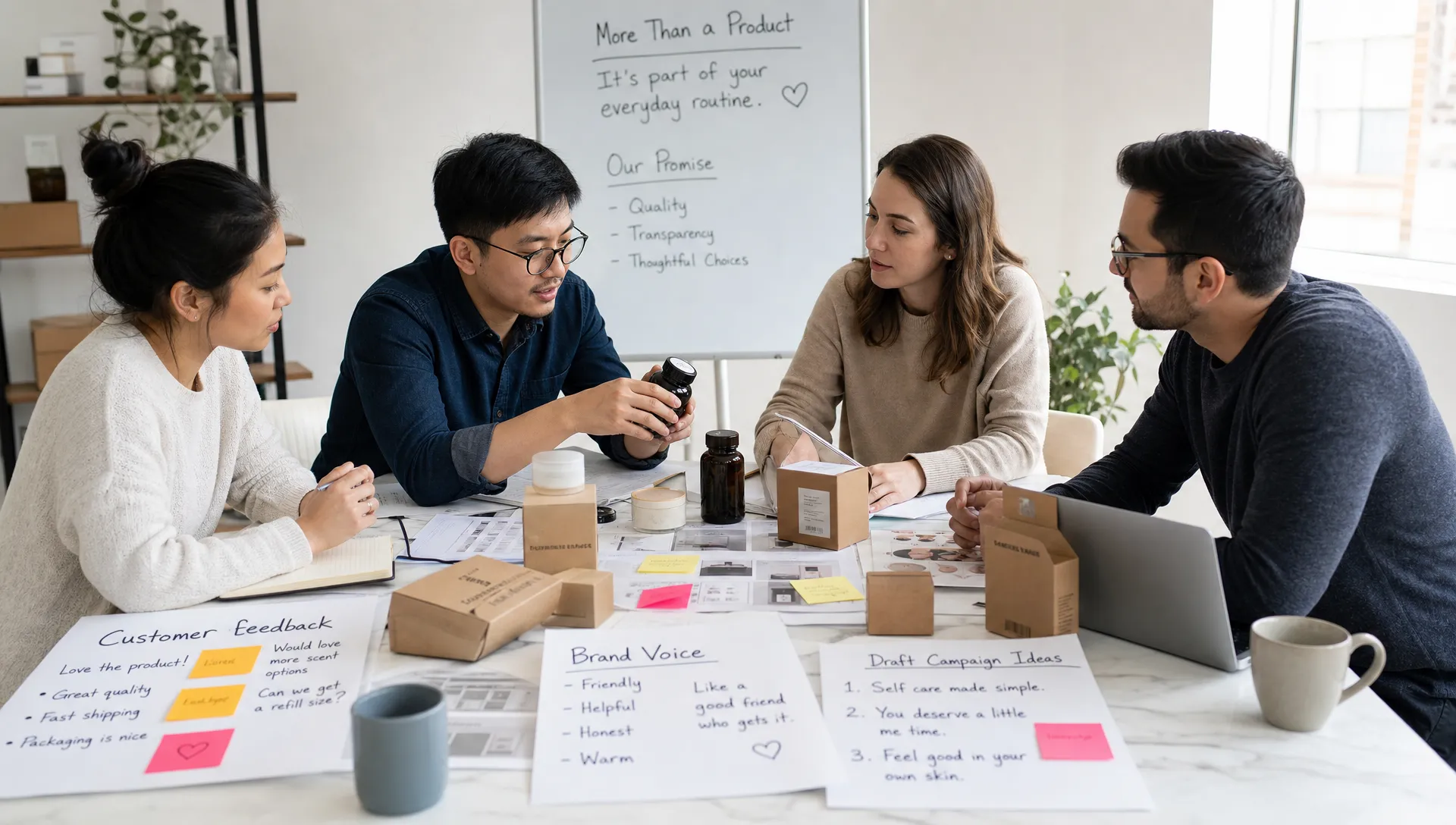 A small ecommerce team reviewing customer feedback notes, product samples, and draft campaign messages on a table while planning a more personal brand voice.