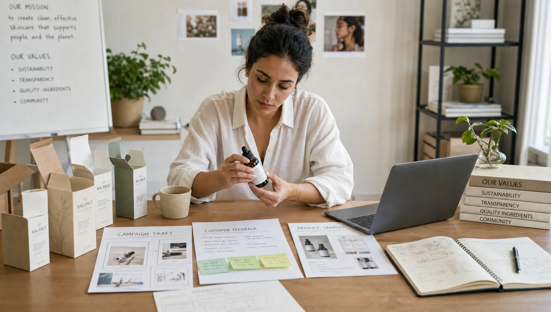 A founder reviews product samples, customer feedback notes, and campaign drafts on a clean workspace with packaging prototypes and brand values nearby.