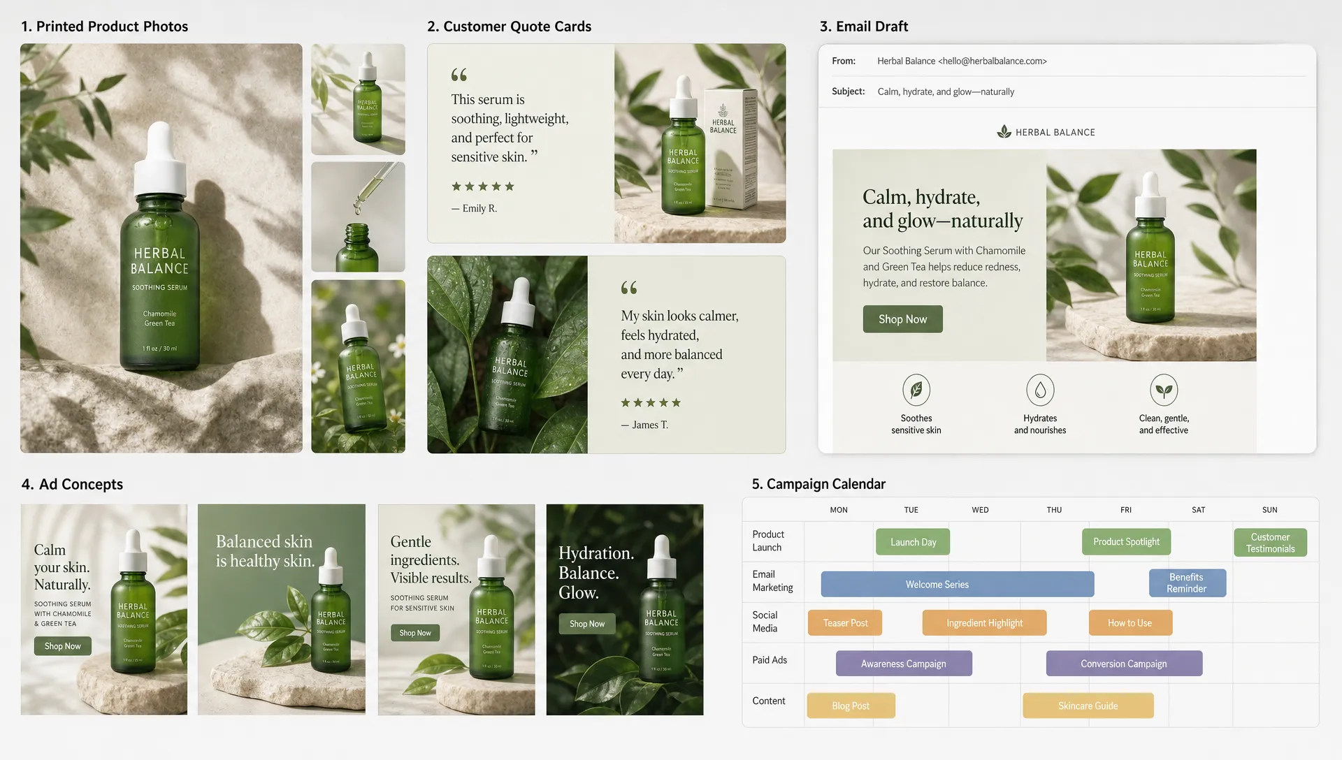 Printed product photos, customer quote cards, email drafts, ad concepts, and a campaign calendar show one ecommerce asset system across channels.