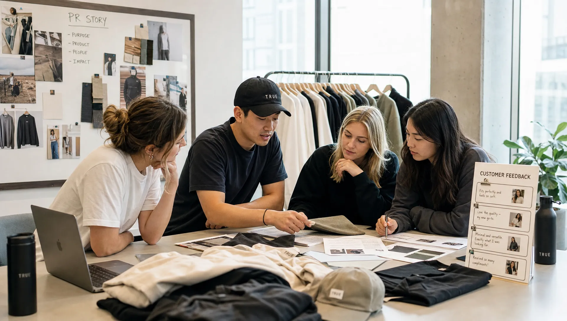 A DTC brand team reviews product samples, fabric swatches, and customer feedback cards on a worktable as they shape a public relations story.