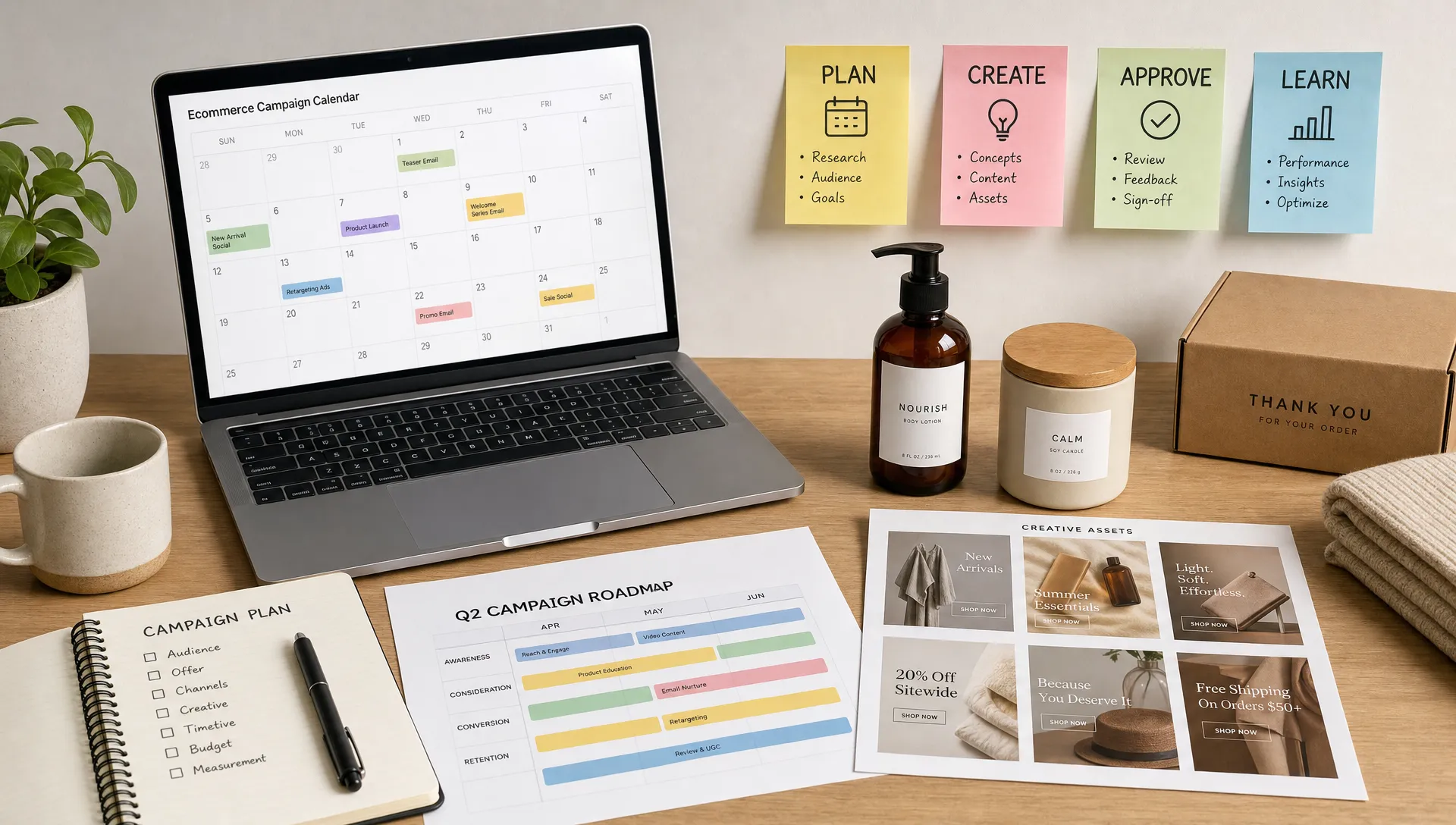 A tidy ecommerce workspace shows campaign calendars, product samples, sticky notes for plan, create, approve and learn, and reusable creative asset cards on a table.