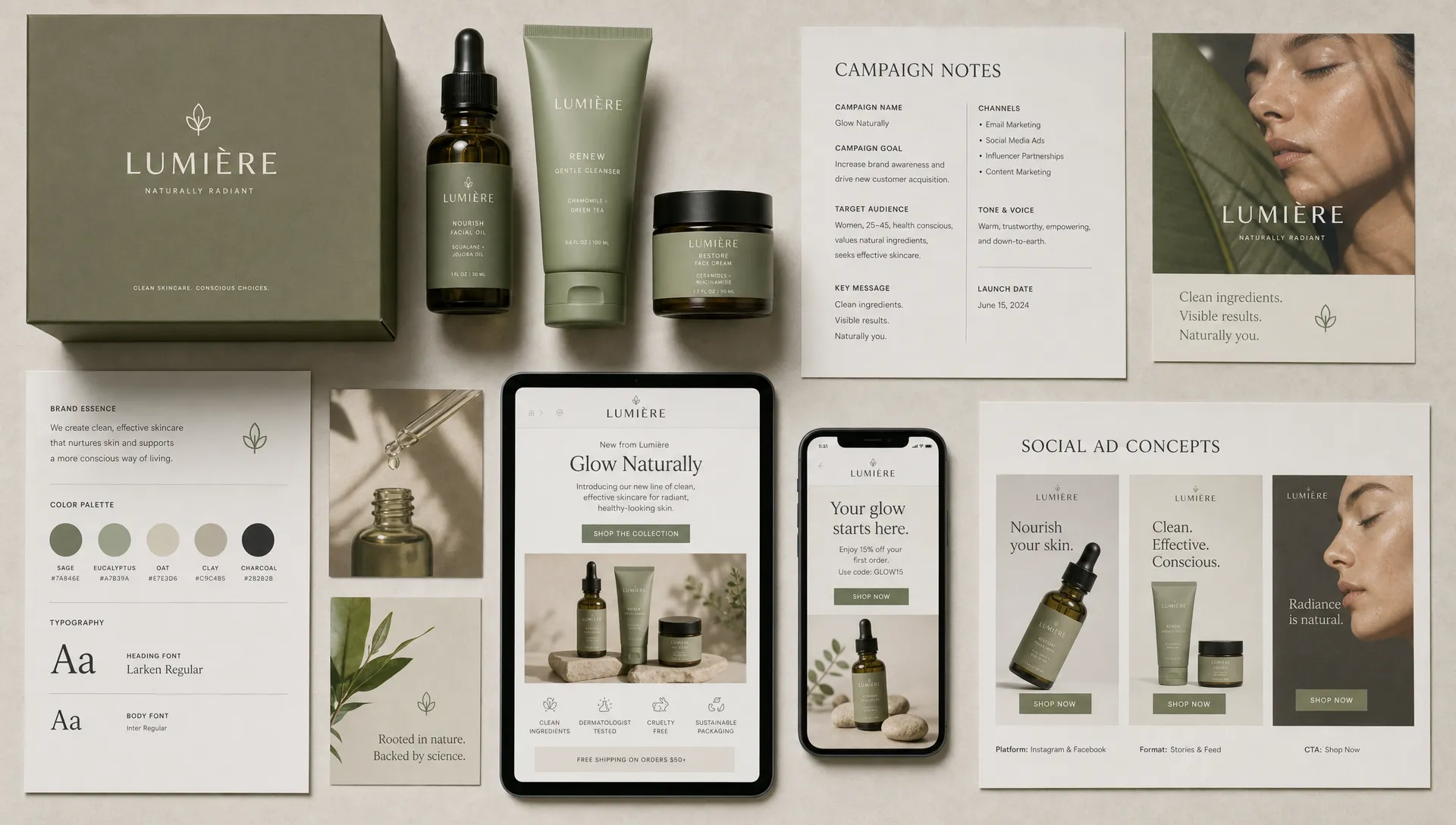 A tabletop brand system with product packaging, campaign notes, email mockups, and social ad concepts arranged for ecommerce consistency across channels.
