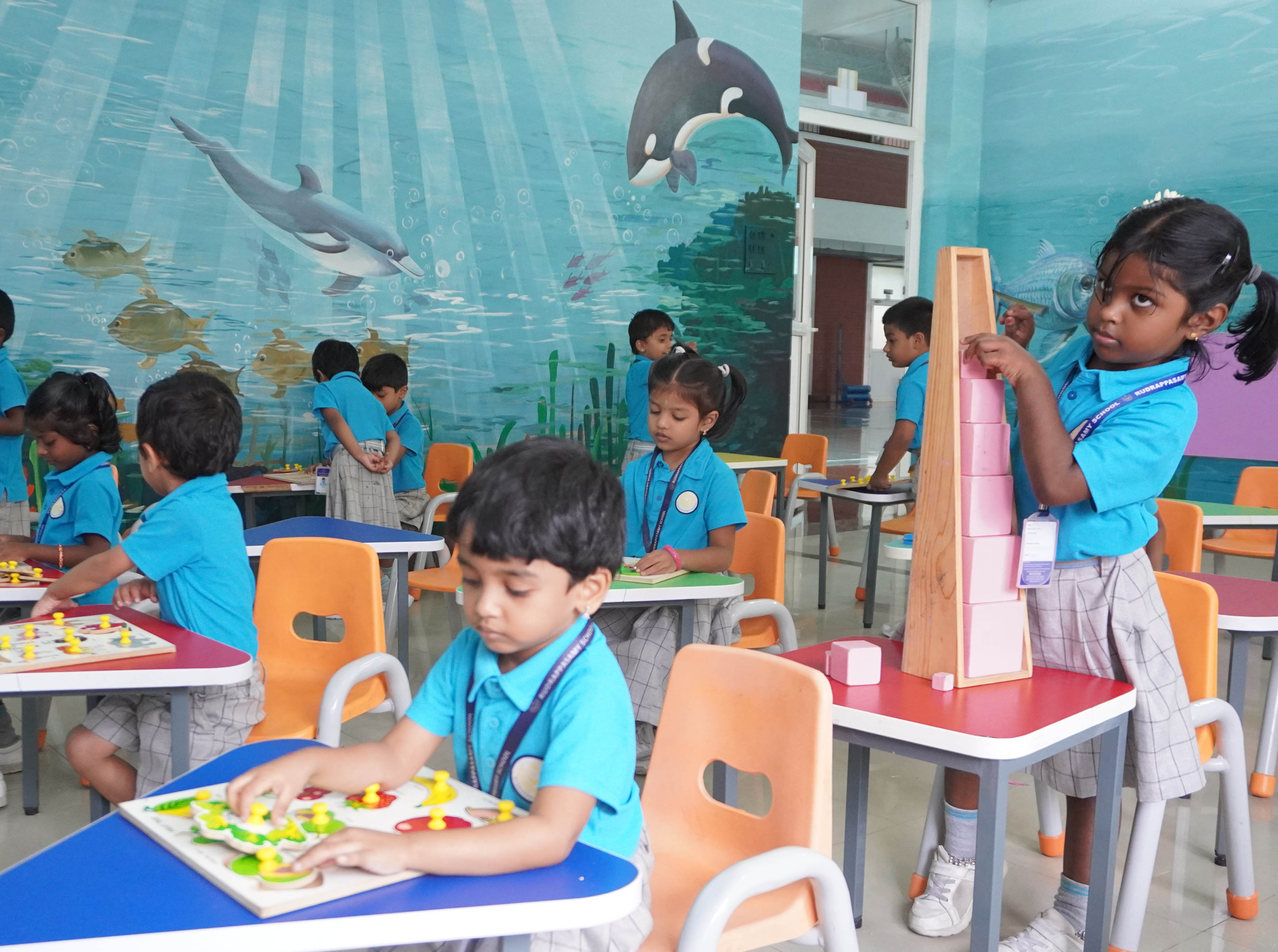 Kindergarten children engaged in hands-on learning and exploration