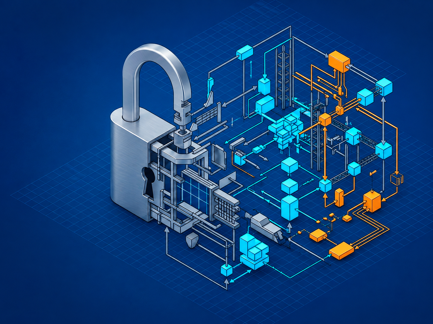 Isometric illustration of an open padlock connected to AI and enterprise data systems, representing Harvest Now, Decrypt Later risks and quantum-ready architecture.