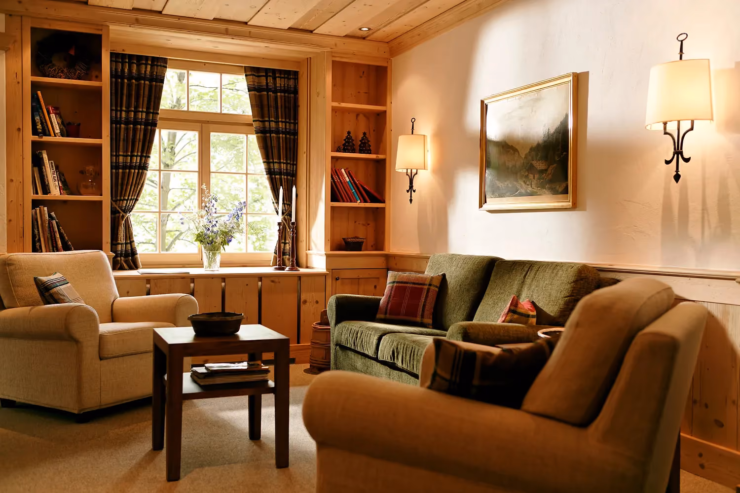 Gemütliche Sitzecke Lobby im Hotel Alpenrose Wengen, Jungfrau Region, Schweiz