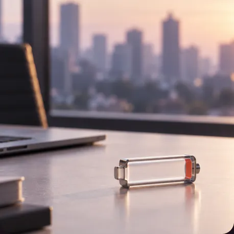 Empty glass battery on a desk against a city skyline