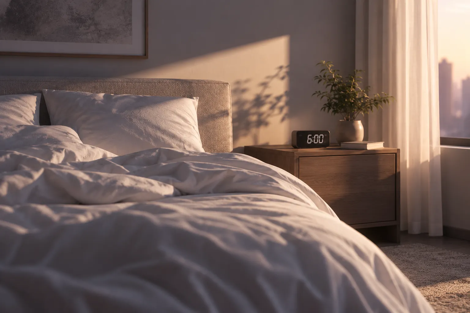Unmade bed and a 6:00 clock on a nightstand