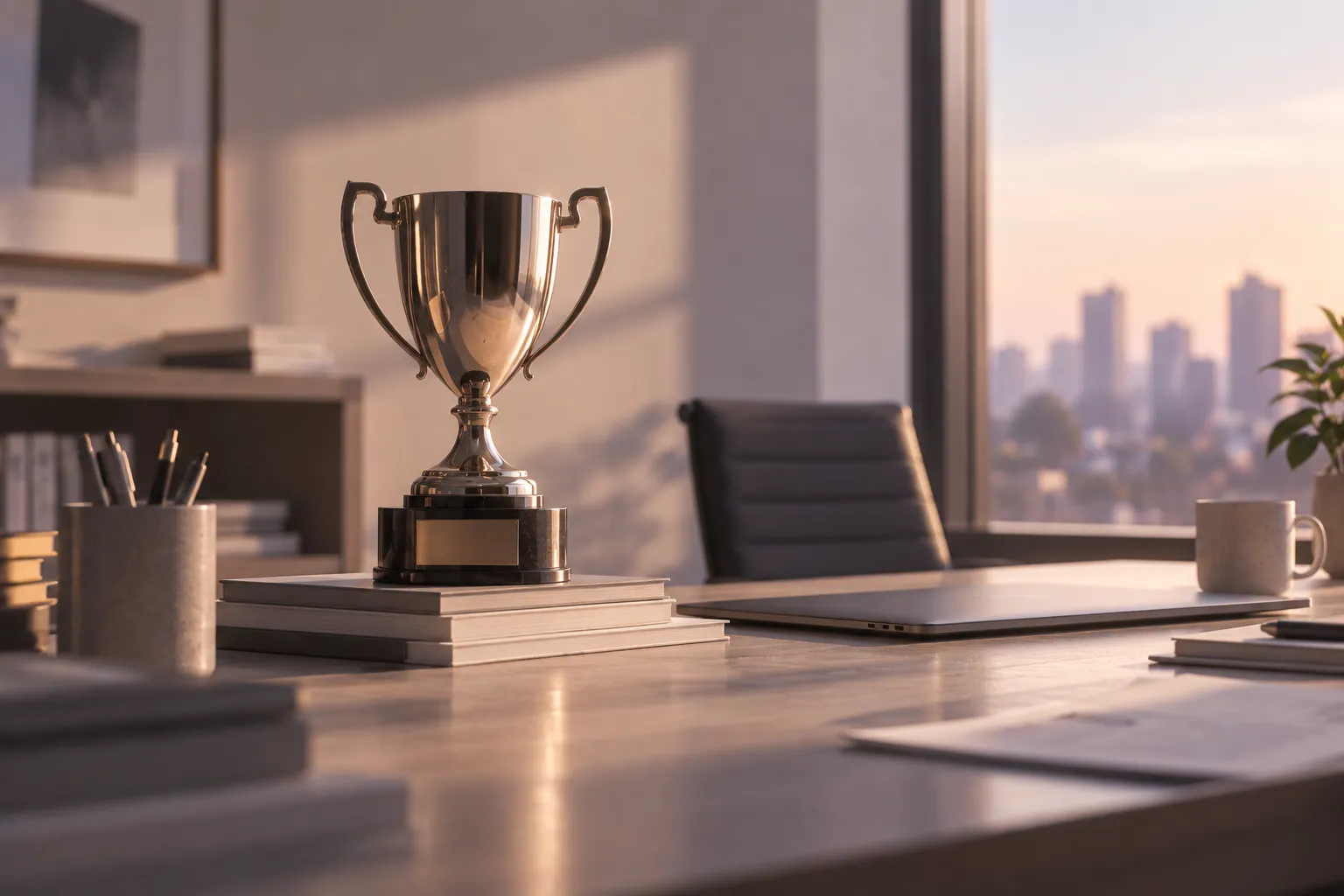 Trophy on books beside a laptop