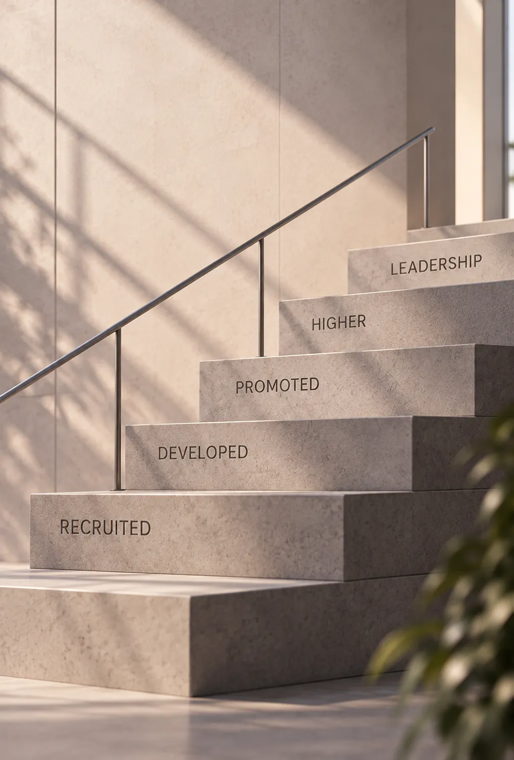 Stone stairs labeled from recruited to leadership