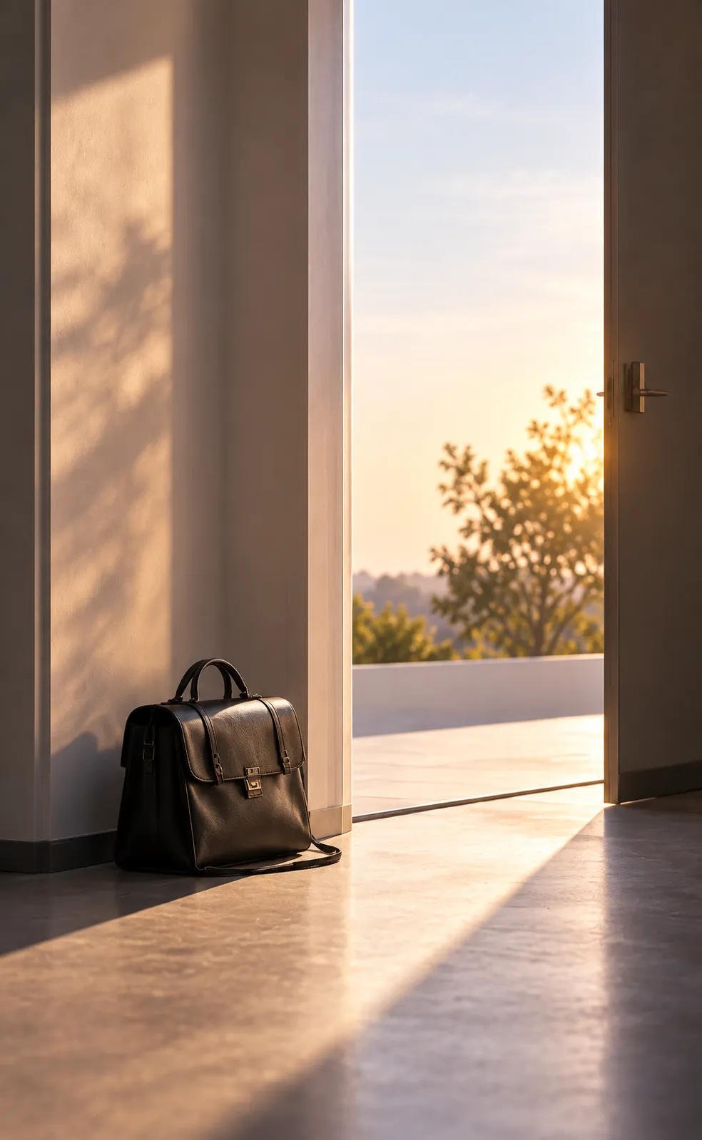 Briefcase beside an open door at sunrise