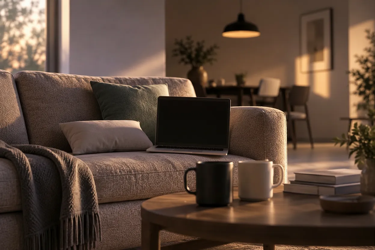 Laptop on a sofa in a living room
