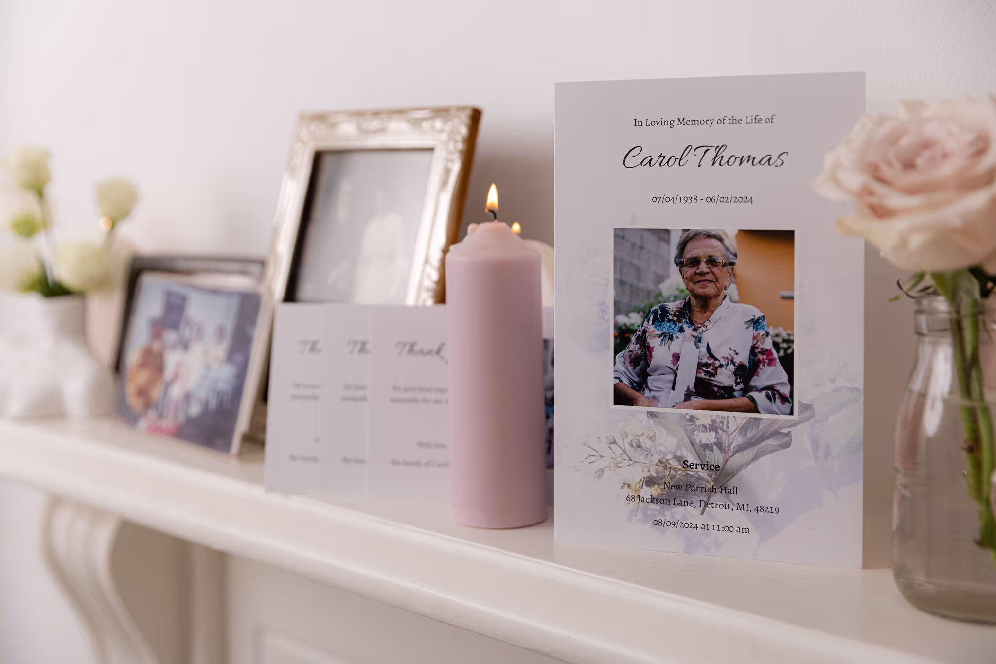 A printed funeral program on a mantelpiece