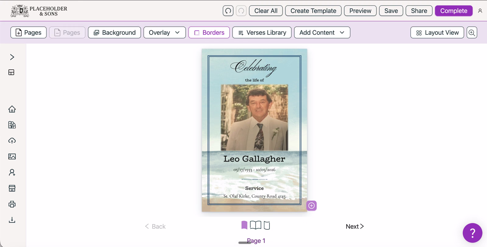 Eulogize stationery editor, showing the program layout and design tools.