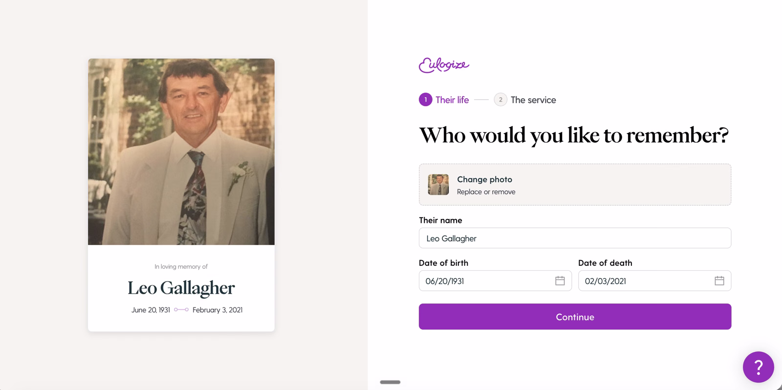 The family view: add a photograph and personal details in Eulogize.