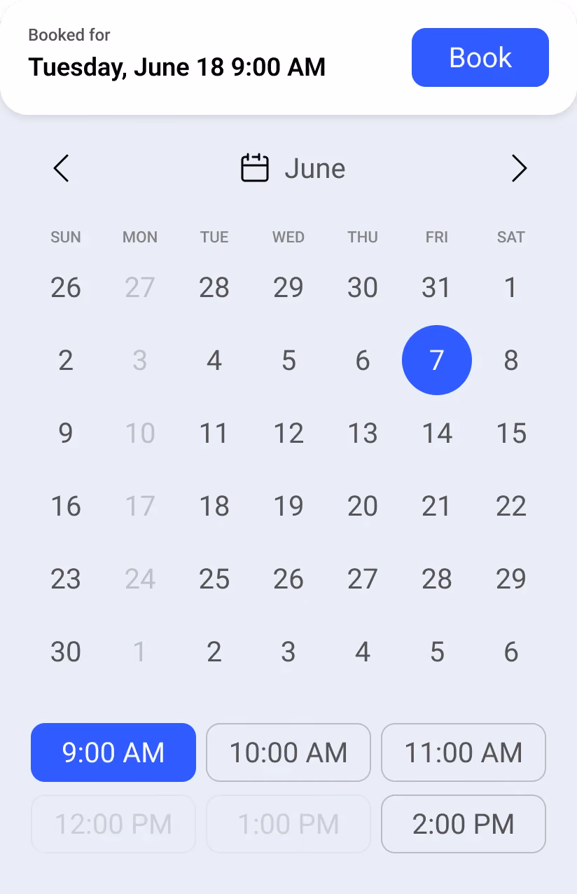TripWorks booking calendar showing available activity dates and times
