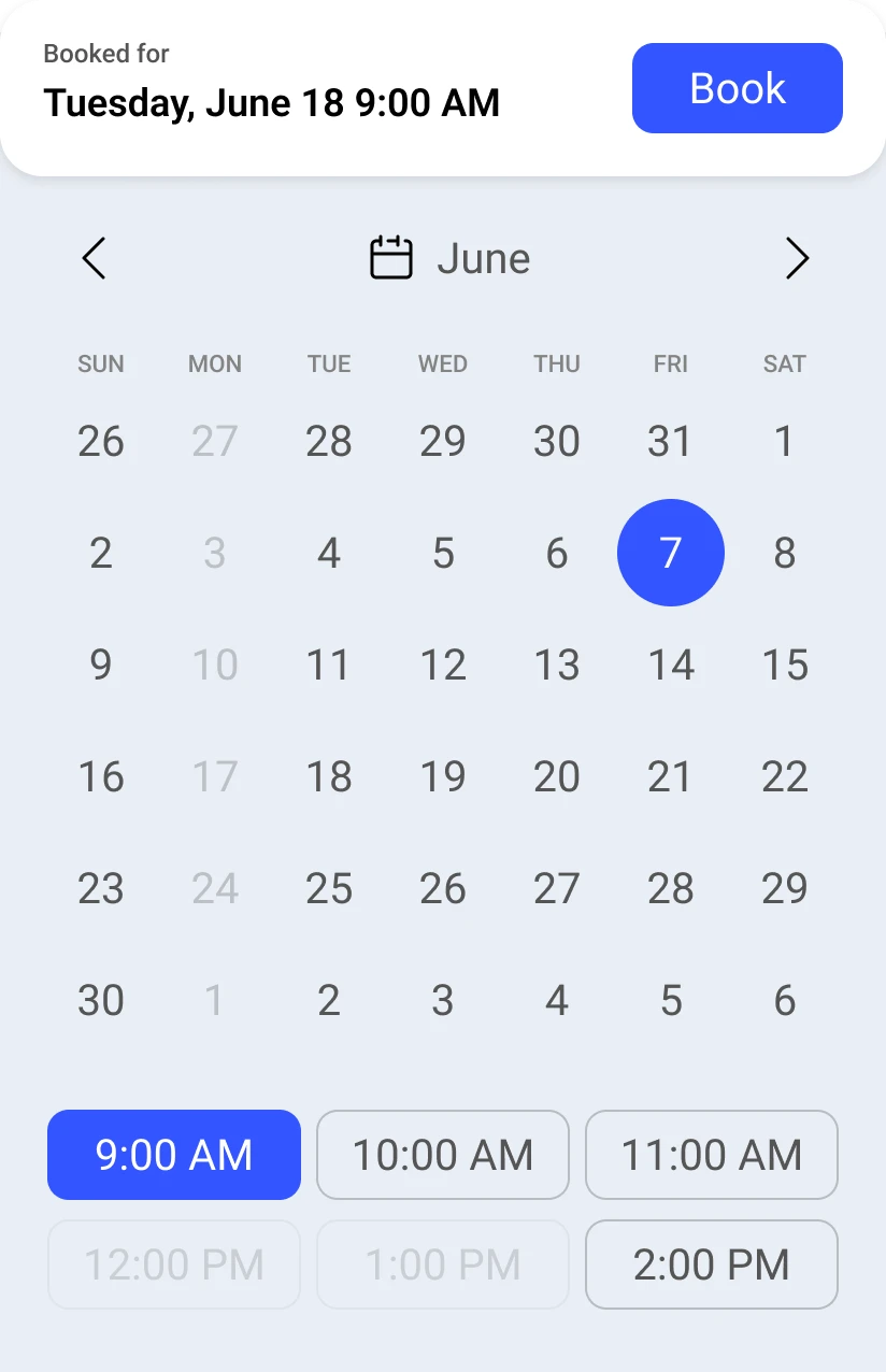 TripWorks booking calendar showing available activity dates and times