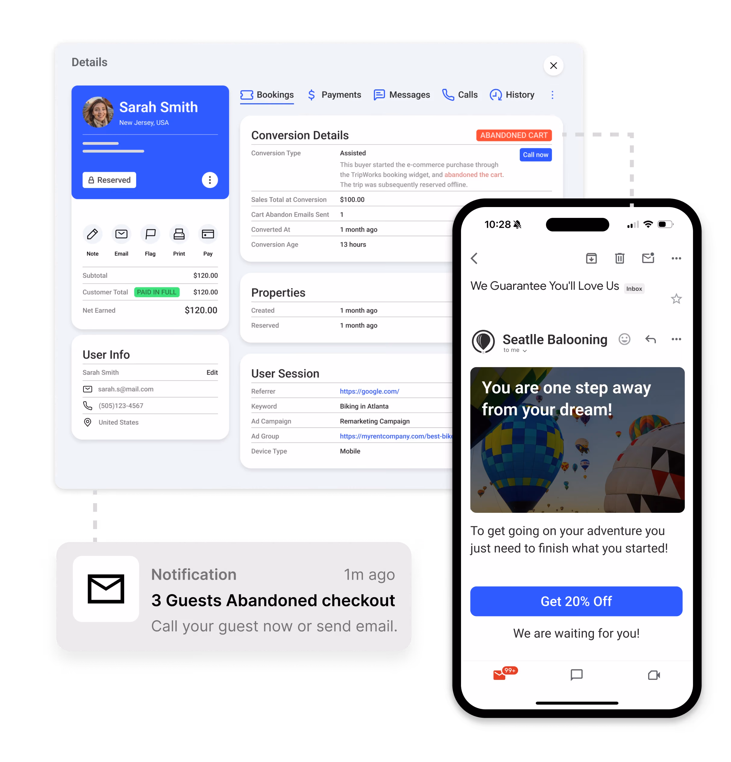 TripWorks abandoned-cart details, recovery notification, and follow-up email