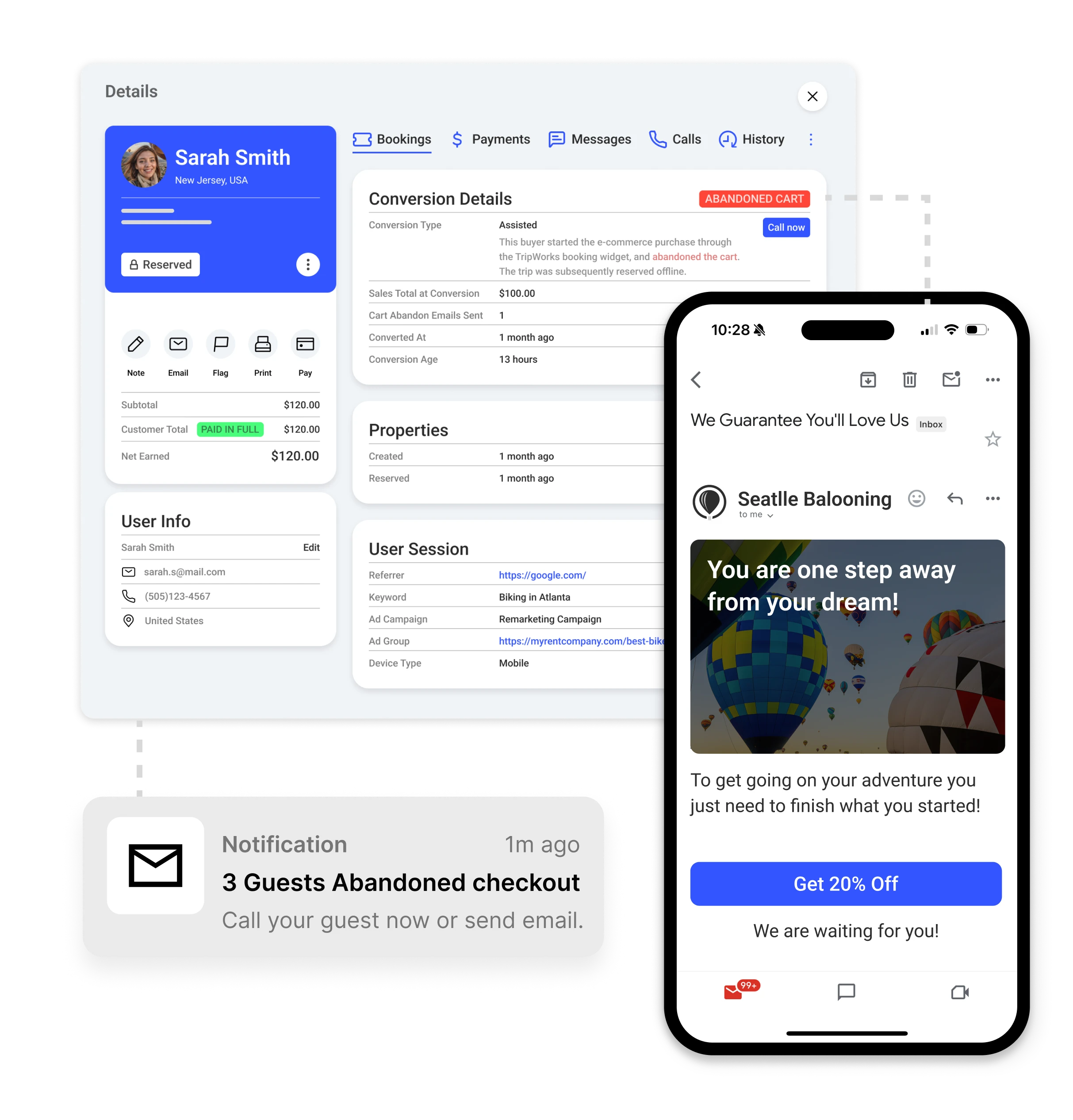 TripWorks abandoned-cart details, recovery notification, and follow-up email