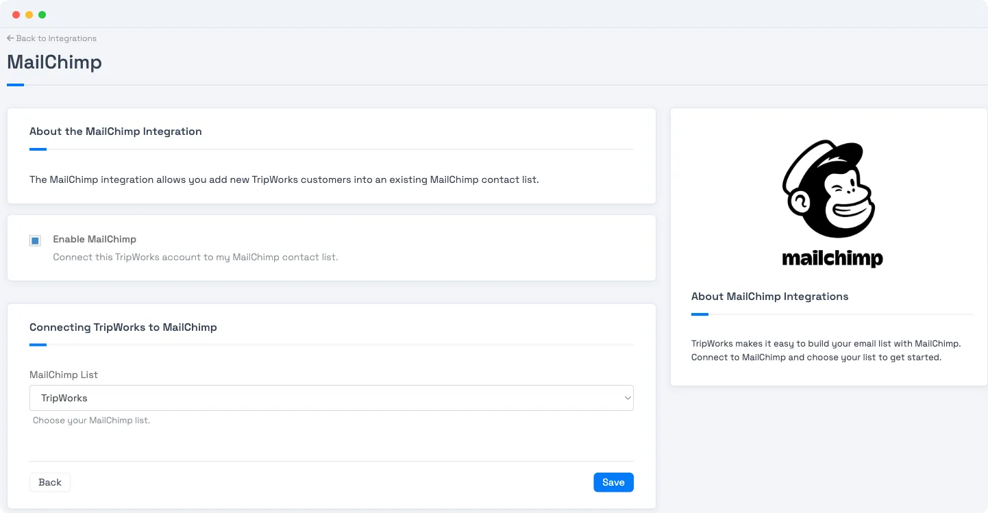 The Mailchimp integration setup screen in TripWorks, showing the Enable Mailchimp toggle and Mailchimp List dropdown, with no API key field