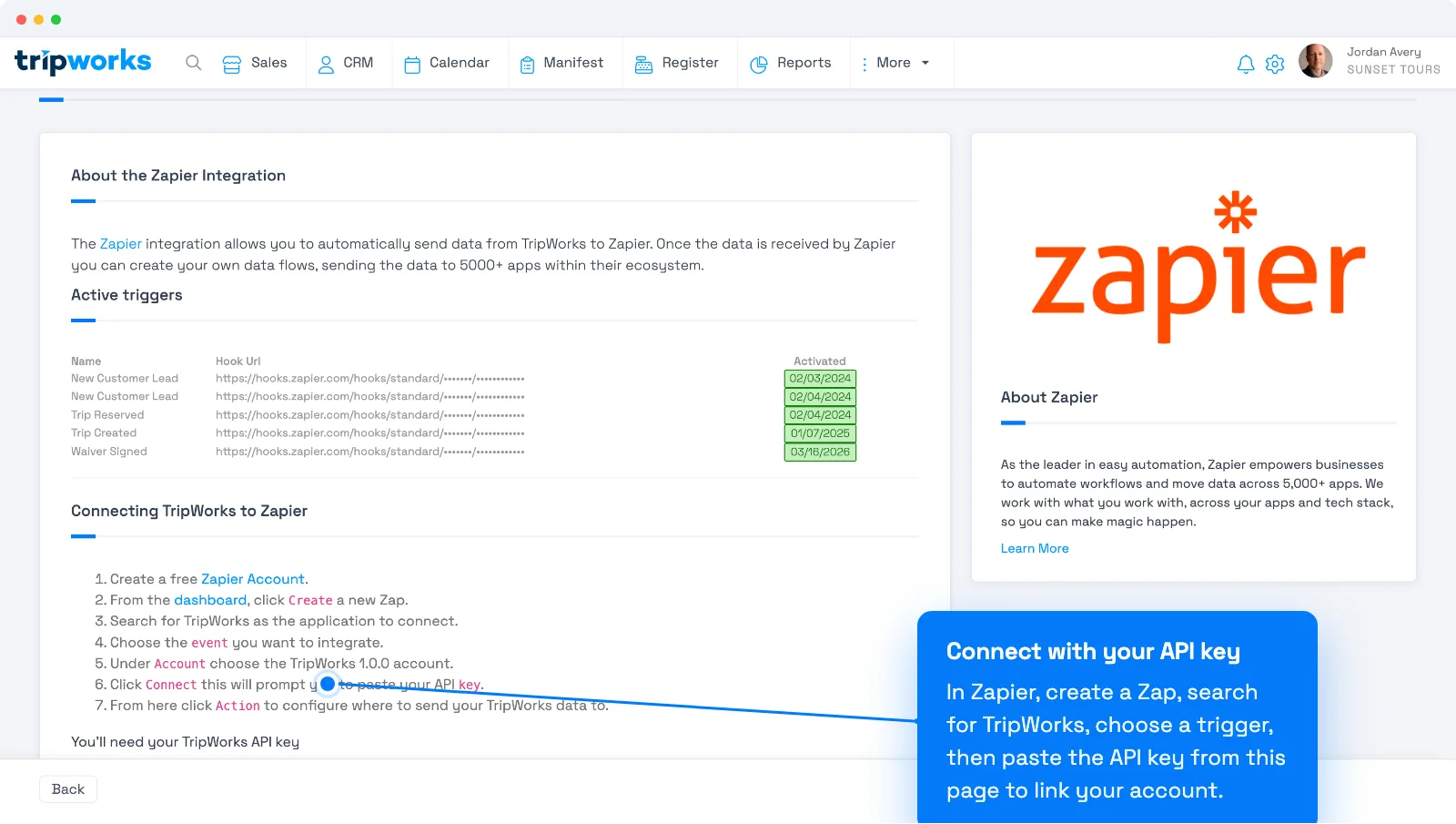 The TripWorks Zapier integration screen showing active triggers and where to paste your API key