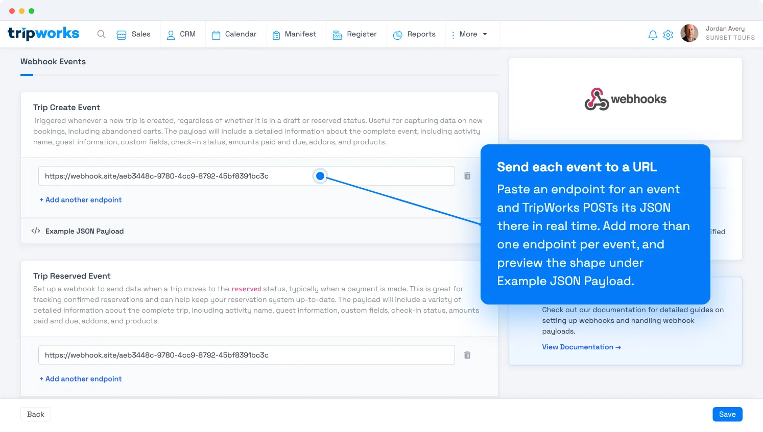 The TripWorks Webhook Events setup screen, showing a Trip Create Event with a destination URL field and an Example JSON Payload preview