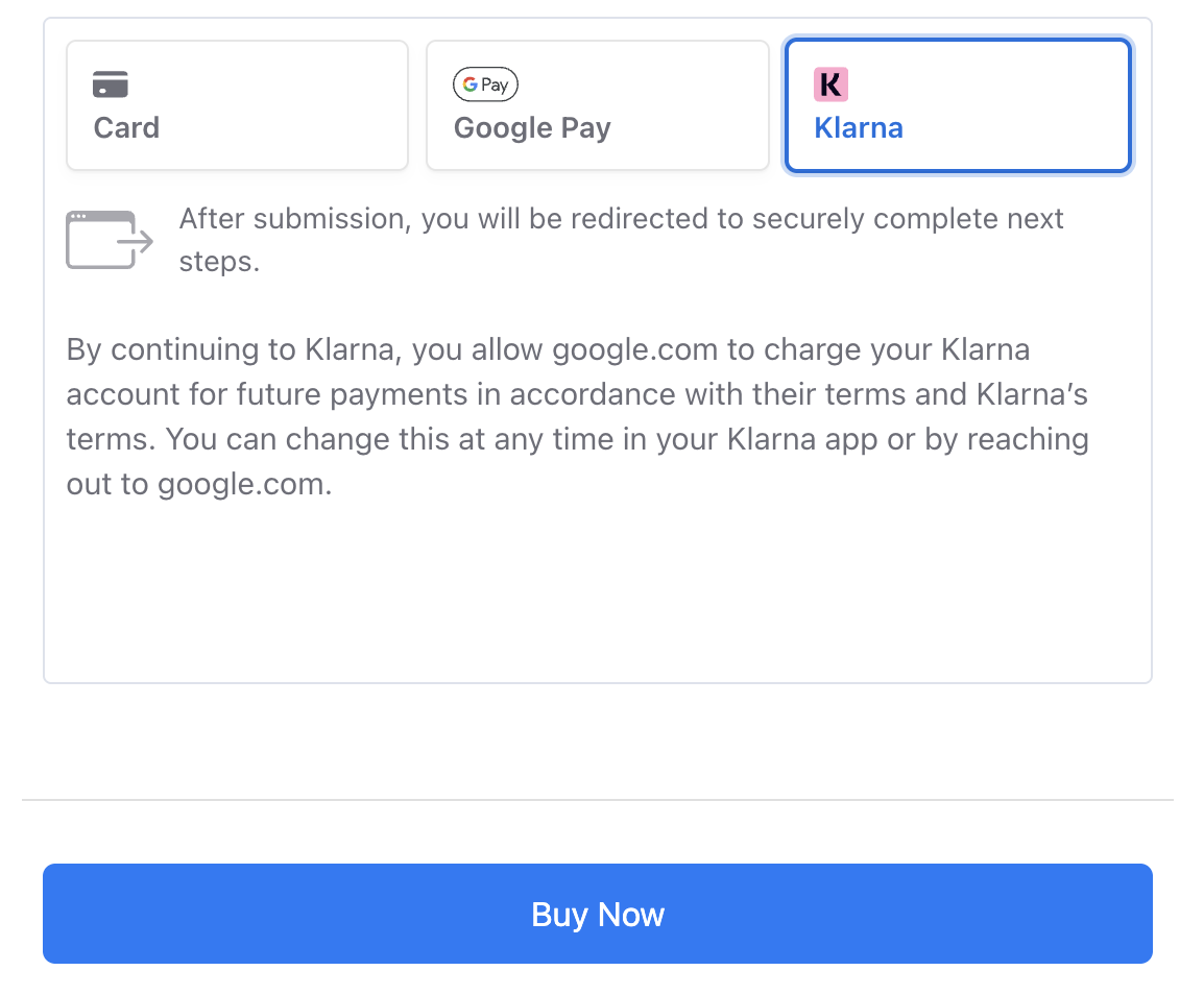 Klarna shown as a Buy Now, Pay Later option next to card payment and Google Pay at TripWorks online checkout