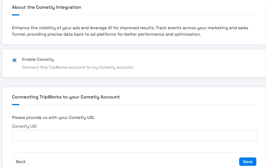 The TripWorks Cometly integration screen with the Enable Cometly toggle and Cometly UID field