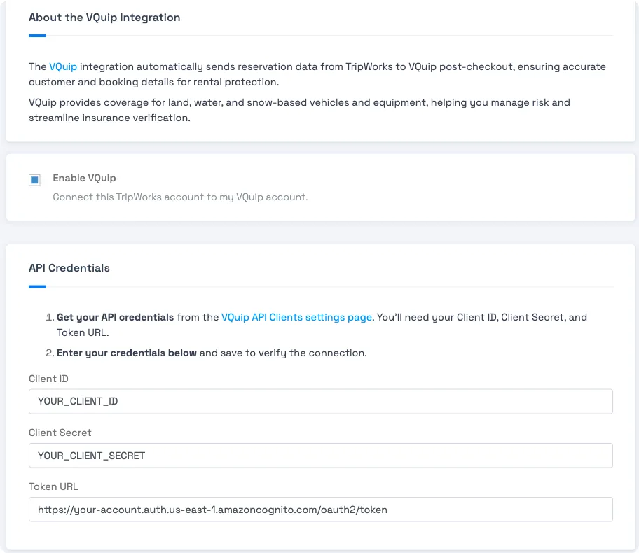 The TripWorks VQuip integration screen with Client ID, Client Secret, and Token URL fields