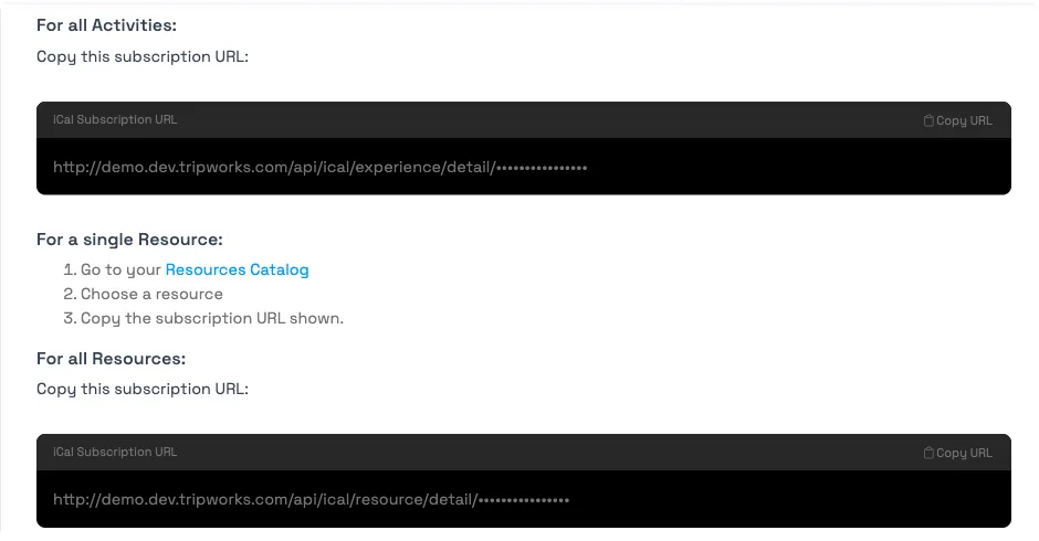 TripWorks iCal subscription URL fields for all activities and all resources