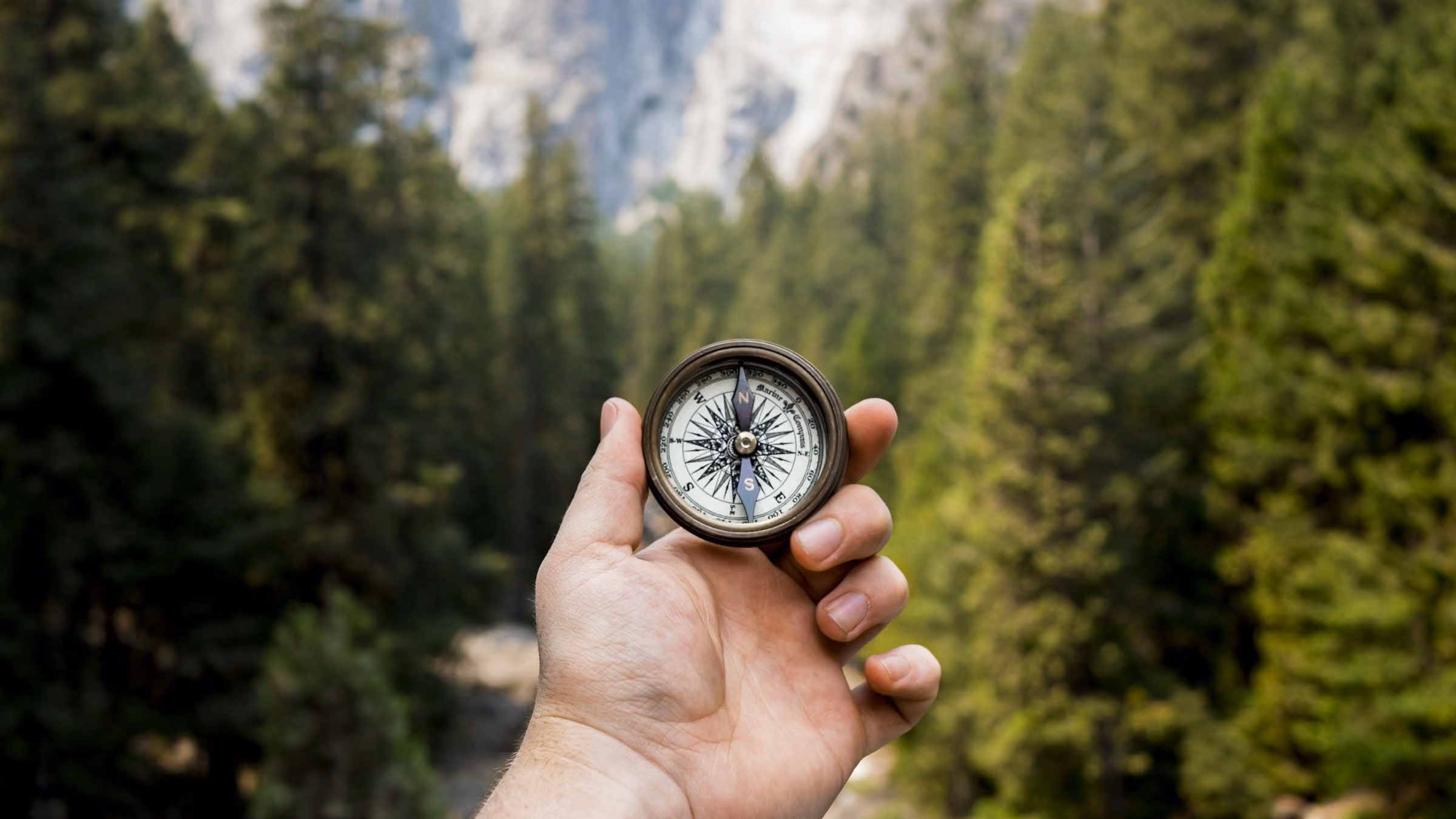 A hand holding a compass in front of a forest and mountain, symbolizing the gap between documentation and the real, running system