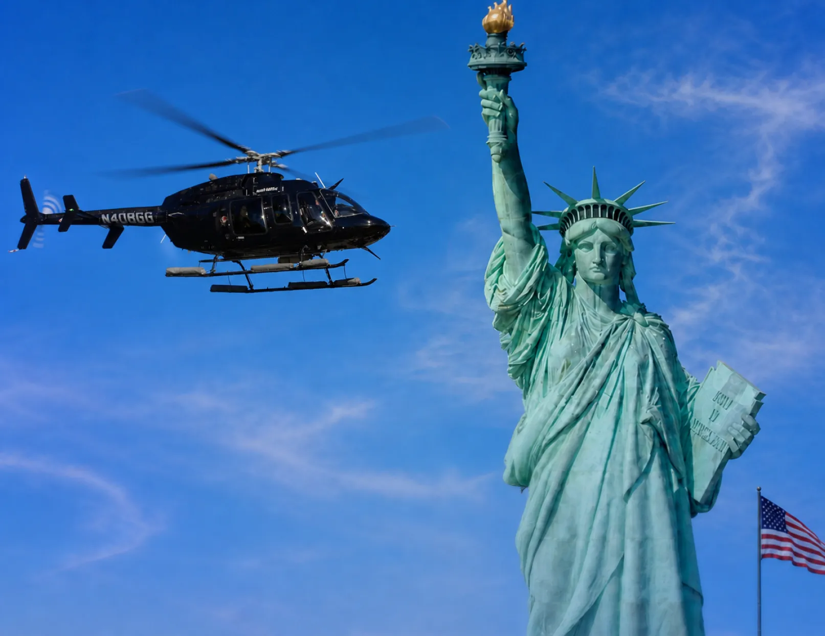 A HeliNY helicopter flying above New York City