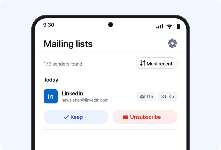 Inbox Zapper Android app showing mailing lists with Keep and Unsubscribe buttons