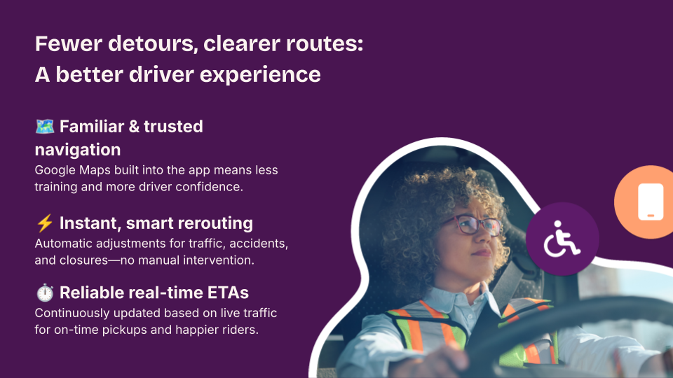 A bus driver using Spare’s AI Engine with Google Maps traffic-aware routing, showing features like in-app navigation, automatic rerouting, and real-time ETAs.