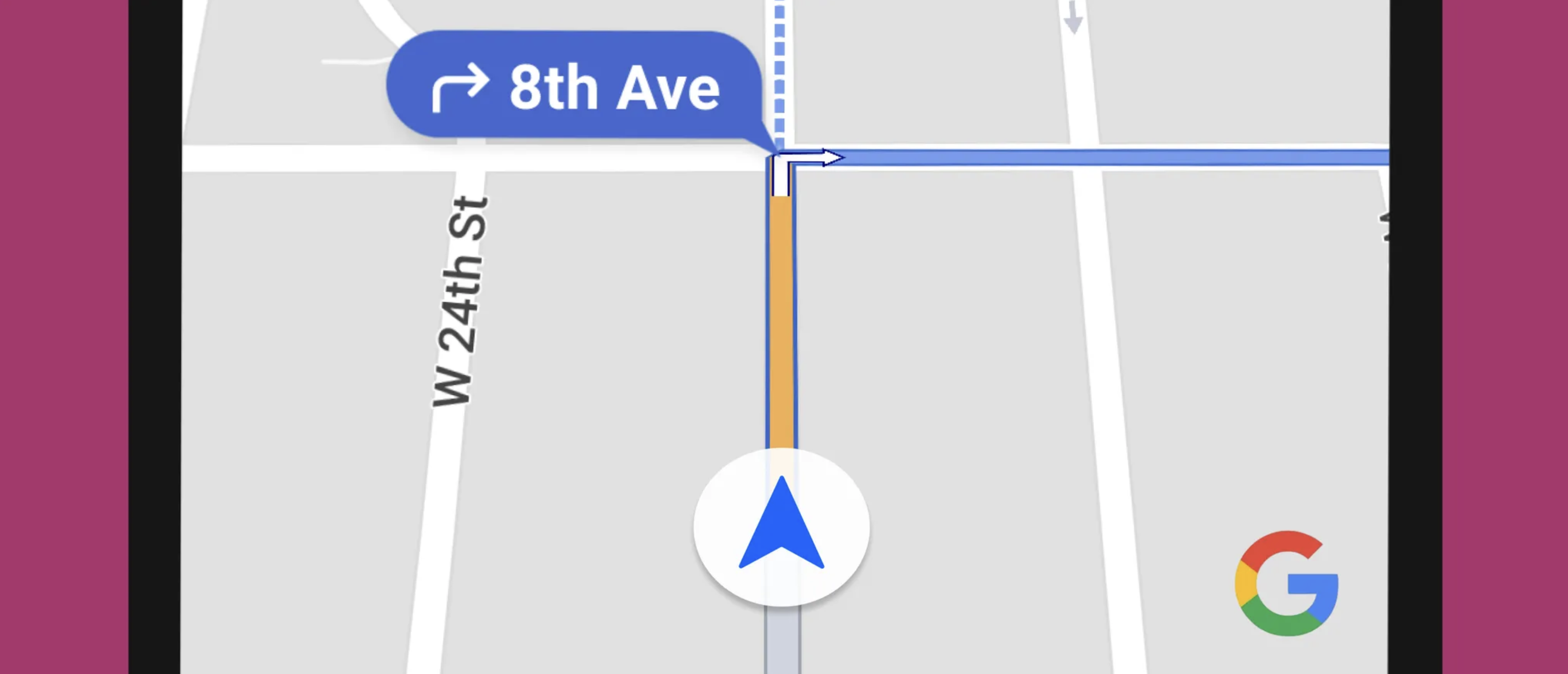Google Maps turn-by-turn navigation showing a reroute to 8th Ave, representing Spare’s integration of live traffic data for real-time transit optimization