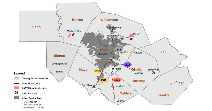 A regional map highlighting the CARTS Country Bus service area across 10 central Texas counties, including key cities and service types.