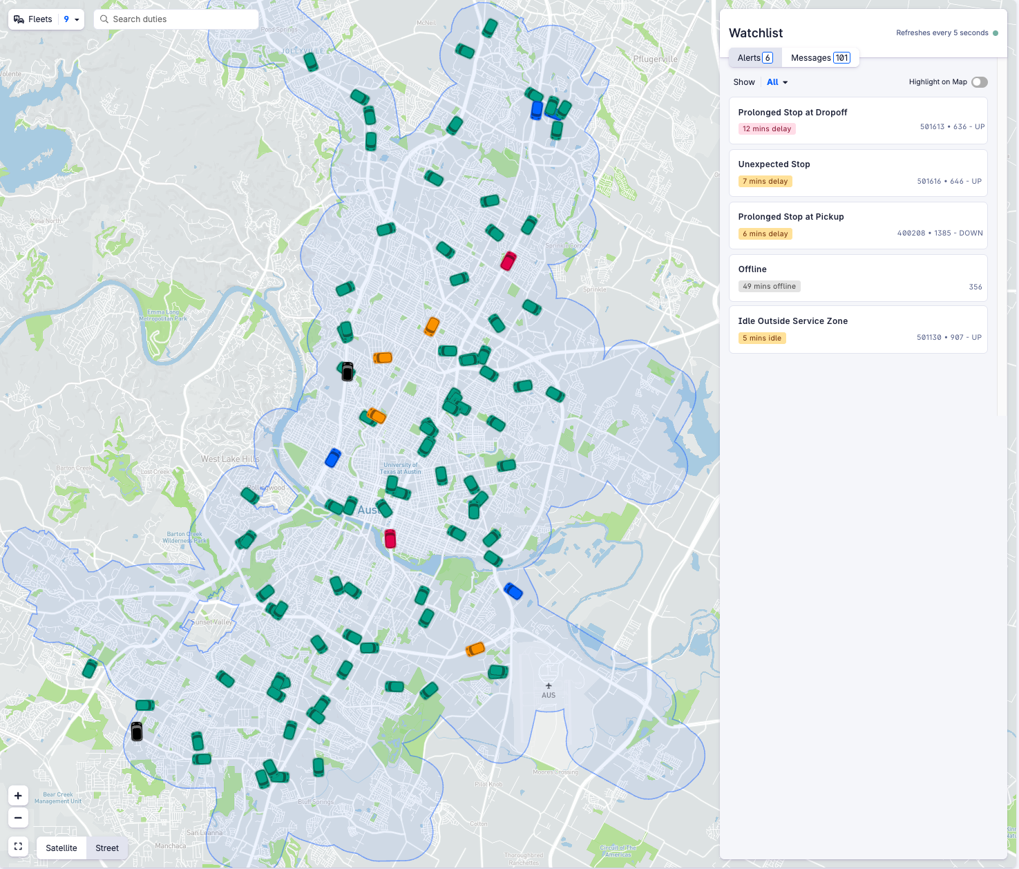 A real-time map interface showing vehicle locations across Austin, Texas for CapMetro’s paratransit service. Colored vehicle icons (mostly green) indicate active duties, with some marked in red, orange, blue, or black to signal alerts. On the right, a Watchlist panel displays operational alerts such as "Prolonged Stop at Dropoff," "Unexpected Stop," and "Offline," each with associated delay times. The interface supports live monitoring to help dispatchers manage trips efficiently.