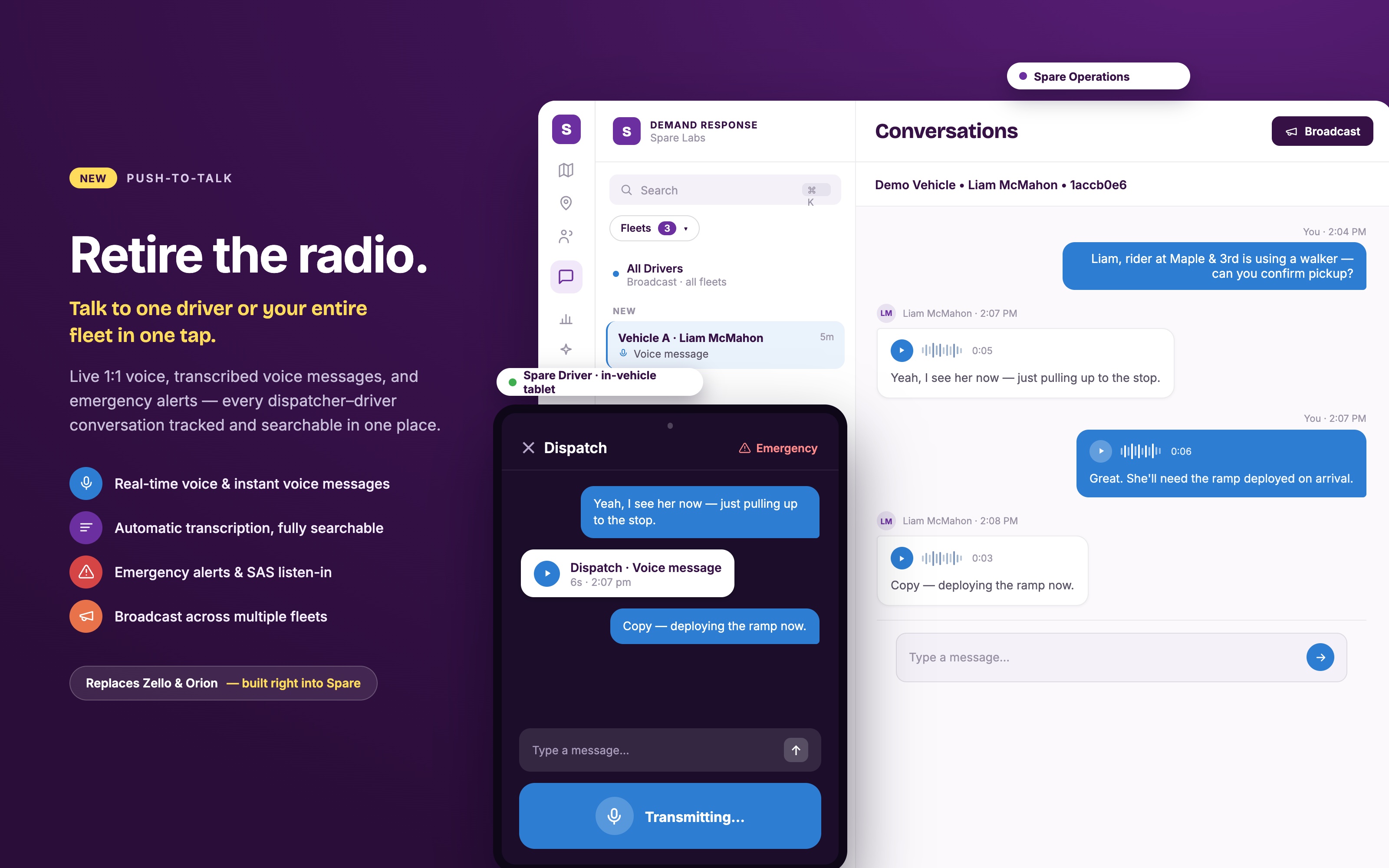 Marketing graphic for Spare's new Push-to-Talk feature, headlined 'Retire the radio.' Left side lists key capabilities: real-time voice and instant voice messages, automatic transcription, emergency alerts and SAS listen-in, and multi-fleet broadcast, with a badge noting it replaces Zello and Orion. Right side shows two connected screens: the Spare Operations dispatch console with a conversation between a dispatcher and driver Liam McMahon about a rider pickup, and the Spare Driver in-vehicle tablet showing the same exchange with a voice message being transmitted."