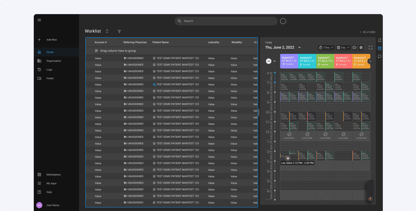 Patient arriving for imaging with registration supported by radiology workflow software.