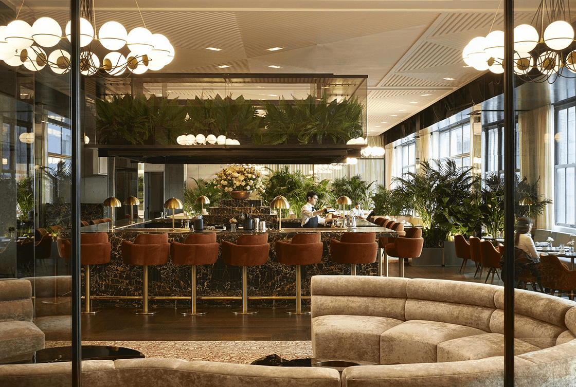 Plant-forward dining lounge design with professional plant care services