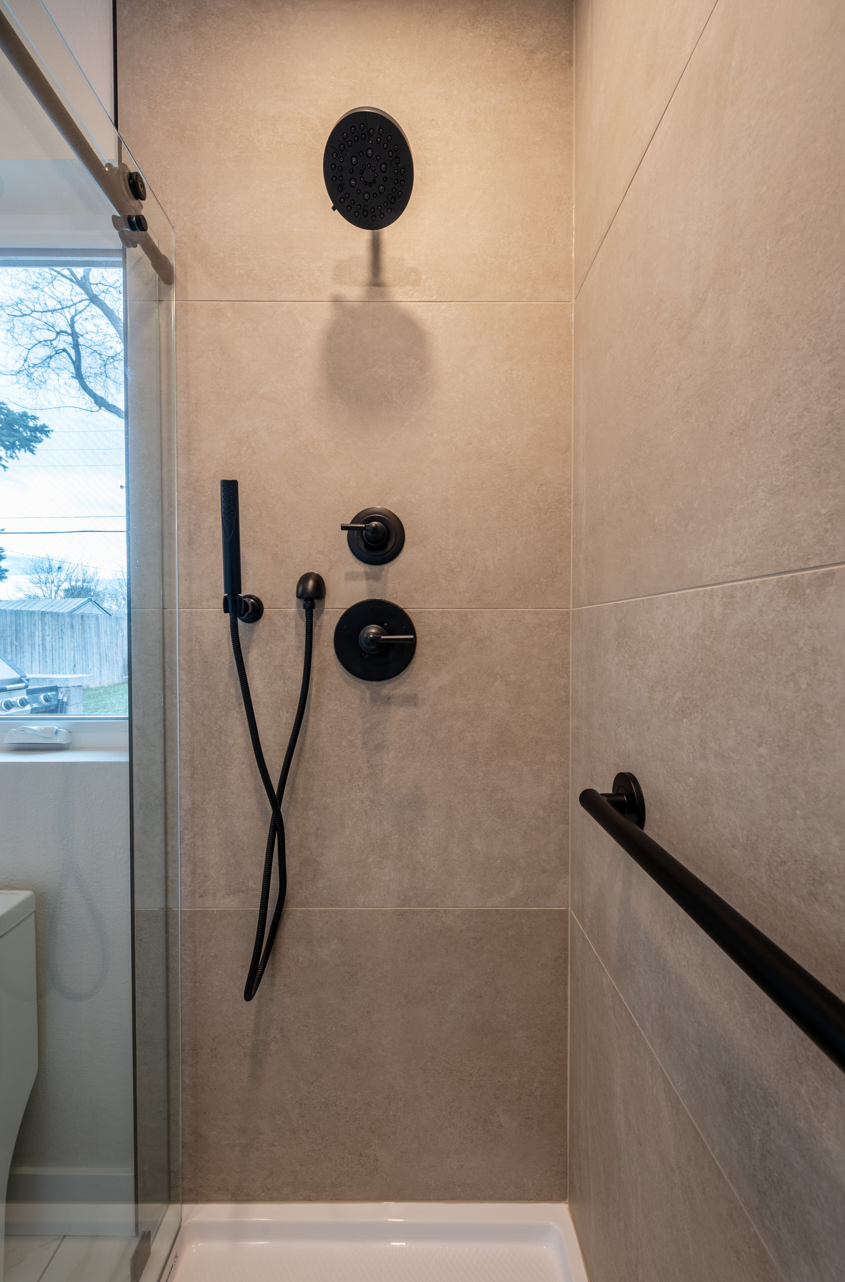 Accessible bathroom fixtures in custom mother-in-law suite addition, Littleton.