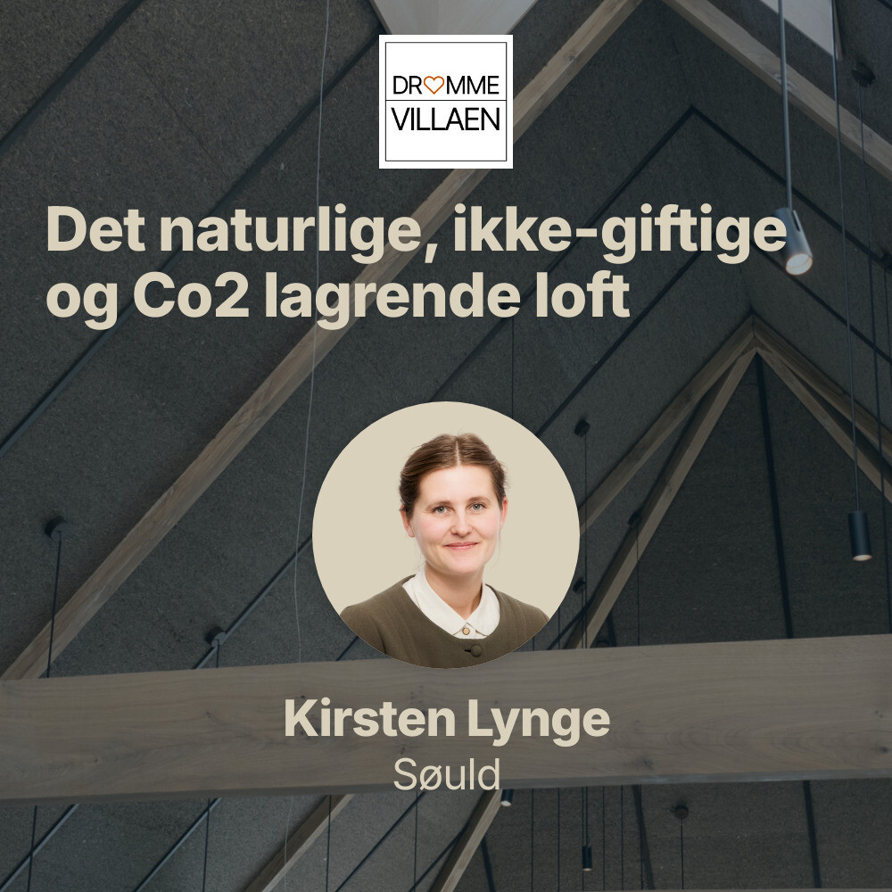 Kvinde portrætteres foran skråt loft med træbjælker; tekst beskriver podcast om bæredygtige lofter.