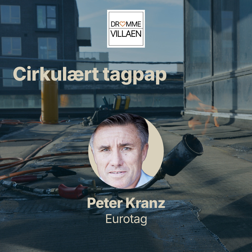 Tagarbejde med gasbrænder og tagpap; podcasttitel “Cirkulært tagpap” med gæst Peter Kranz fra Eurotag.