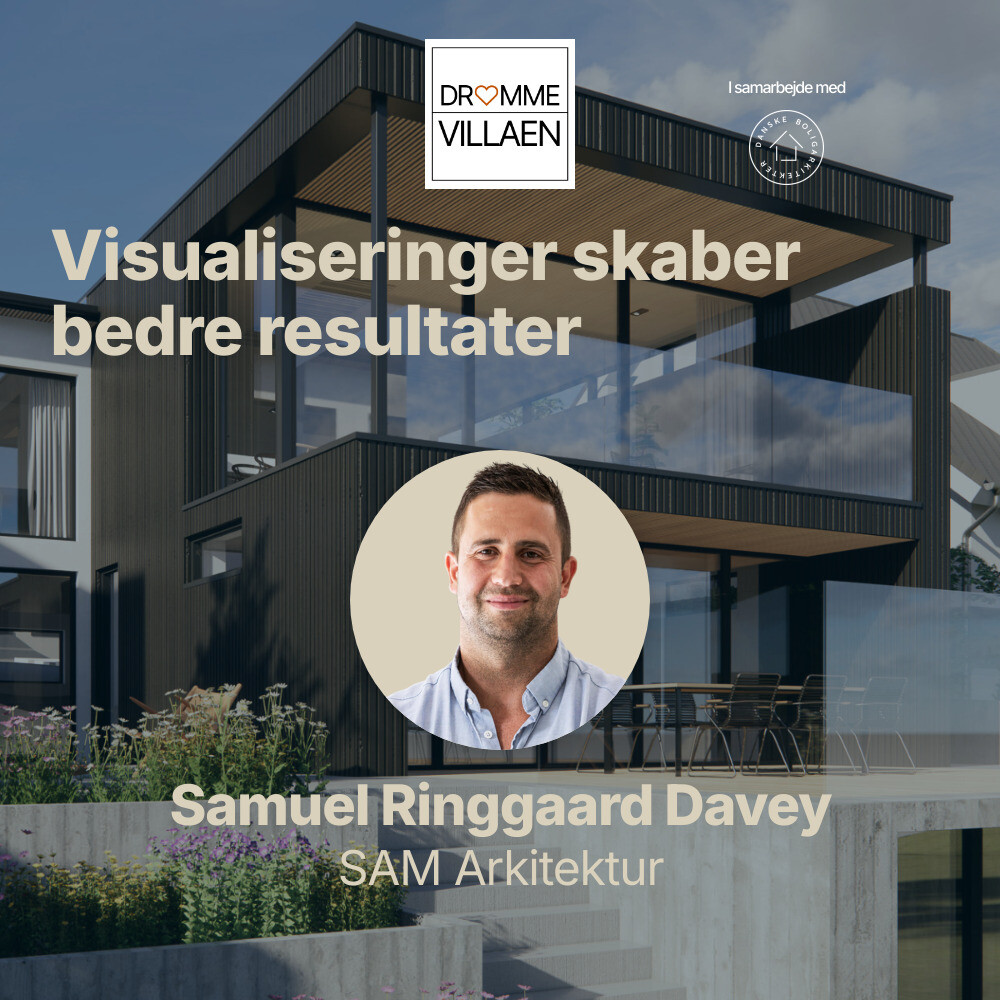 Modernistisk villa i sort træ og glas med podcasttitel og portræt af arkitekt Samuel Ringgaard Davey.