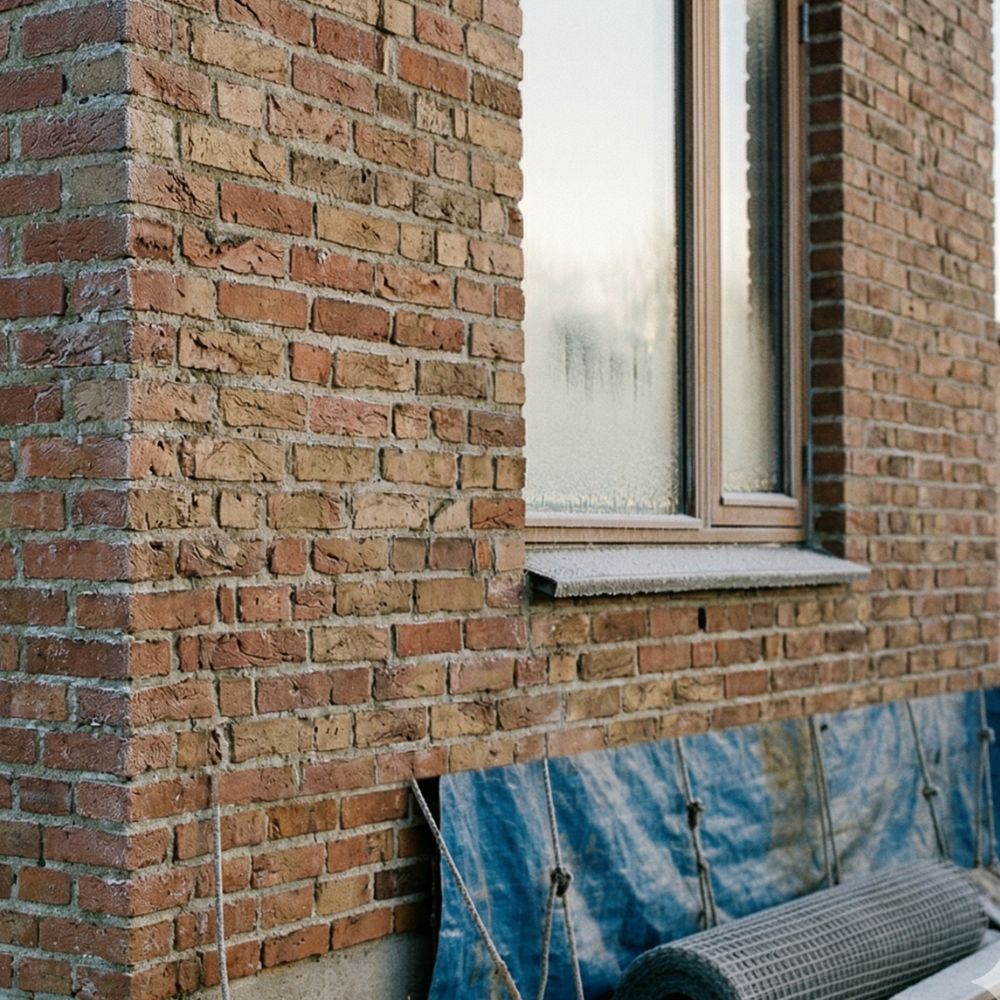 Murstensfacade med vindue og stilladsnet. Rulle af armeringsnet ligger op ad muren ved renovering.