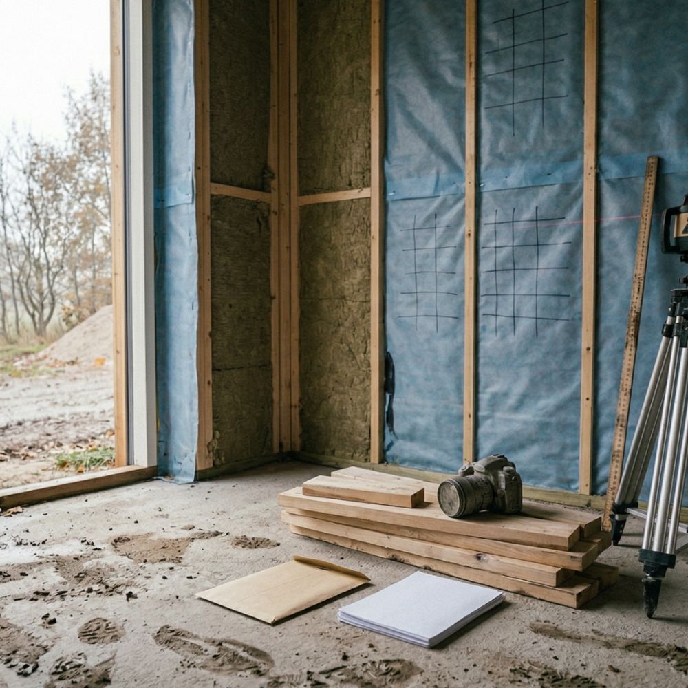 Halvfærdigt rum under renovering med isolering og træskelet; planker, kamera, stativ og noter på gulvet.