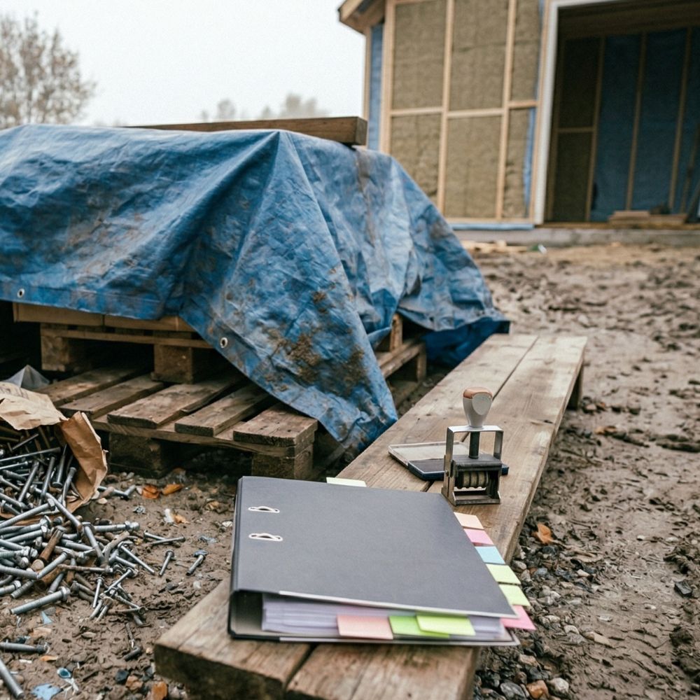 Ringbind med farvede faner og stempel på planke ved byggeplads, med værktøj og presenning i baggrunden.