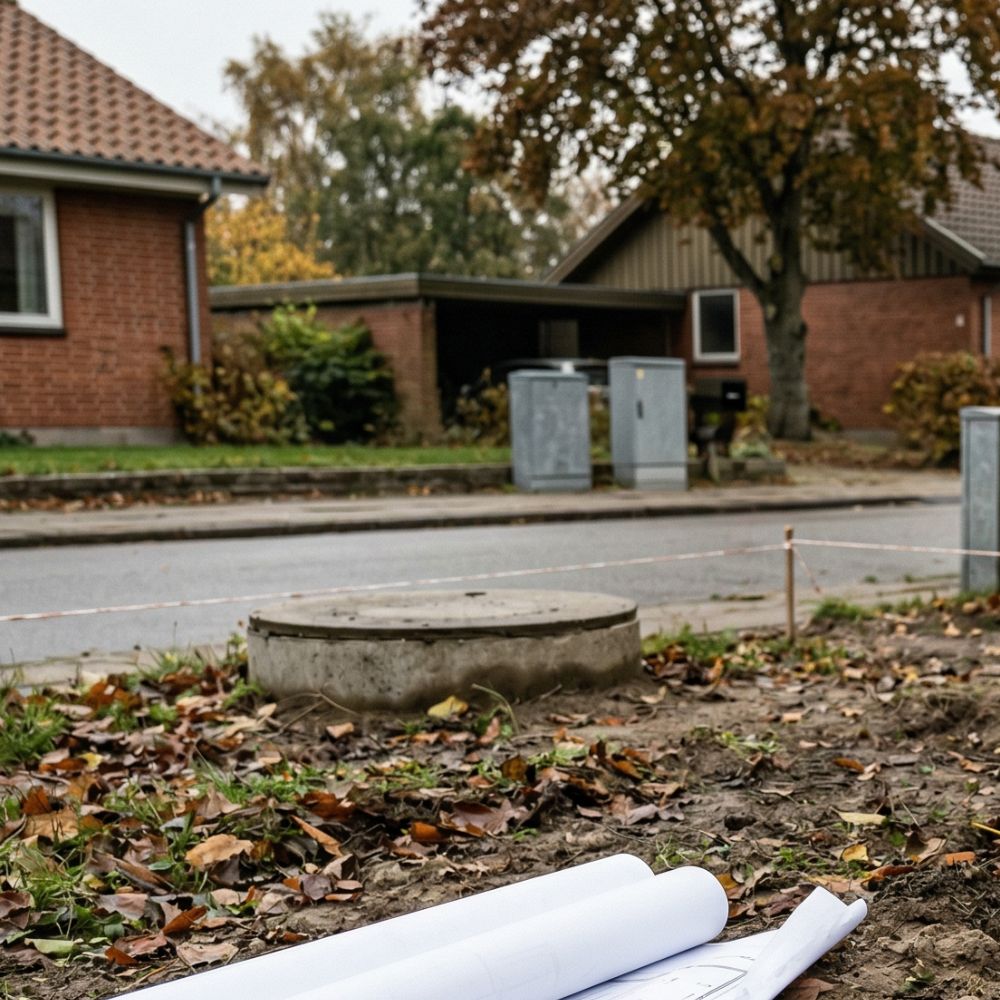 Rullet byggetegning på jord ved vejarbejde i boligkvarter, med kloakdæksel og huse i baggrunden.