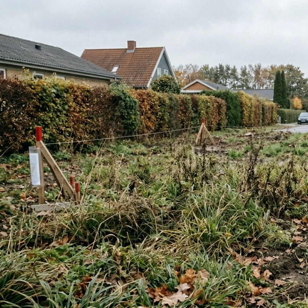 Afmærket jordarbejde i vejkanten ved villavej med hække og huse i baggrunden.